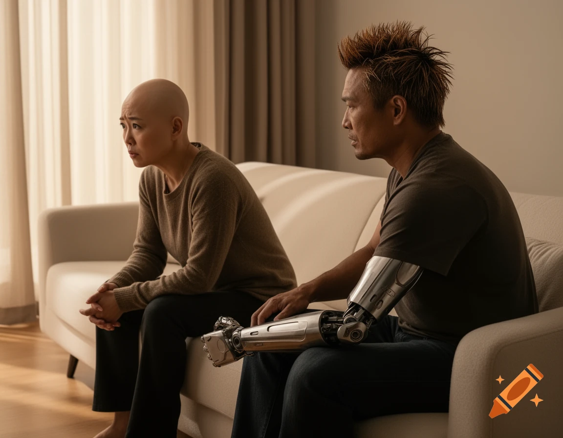 A bald Asian woman with clasped hands sits on a couch looking concerned at a man with spiky hair and a prosthetic left arm.