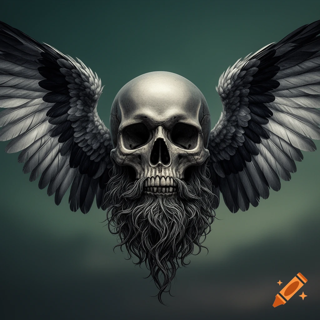 A detailed, stylized image of a winged skull with a long, flowing beard against a dark, moody background.