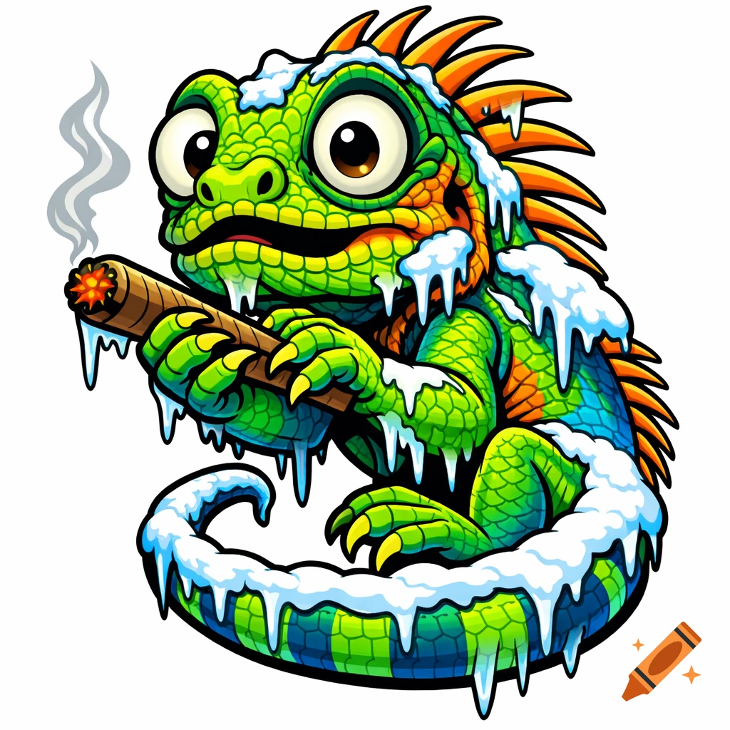 Playful, colorful cartoon iguana with large eyes, covered in snow and icicles, holding a smoking blunt.