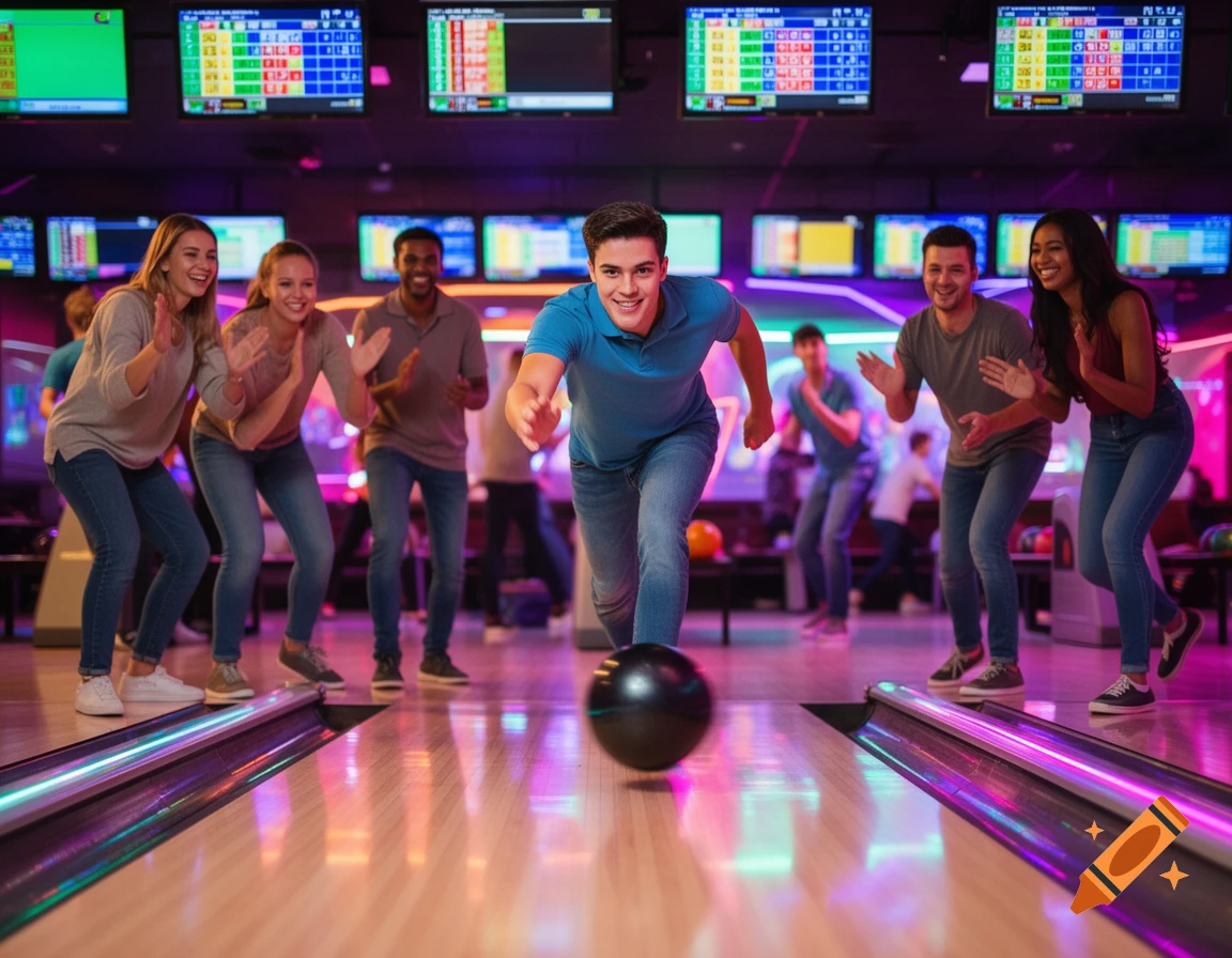 A group of diverse friends joyfully bowling in a neon-lit alley, with a man releasing the ball as others cheer.