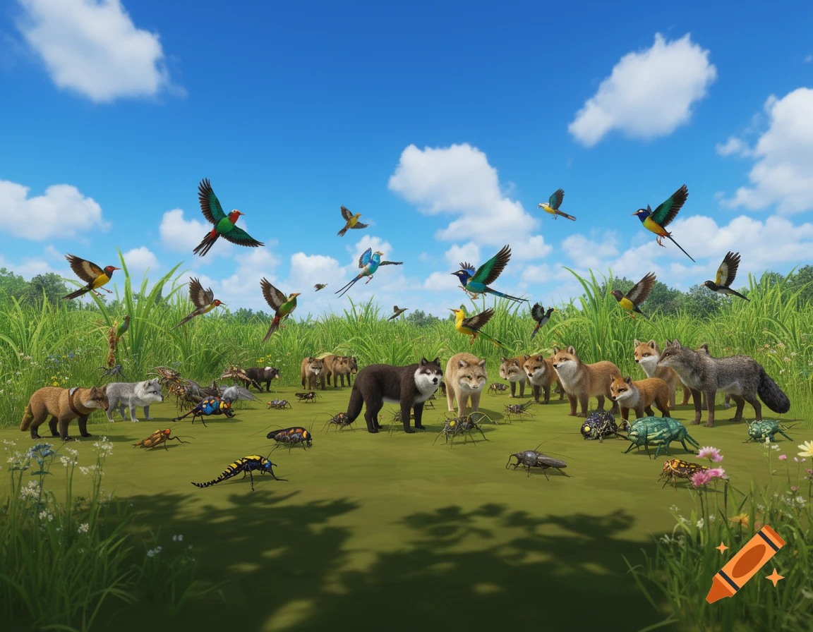 A vibrant, stylized scene with numerous birds flying above a green field populated by various mammals like foxes and wolves, and large insects.