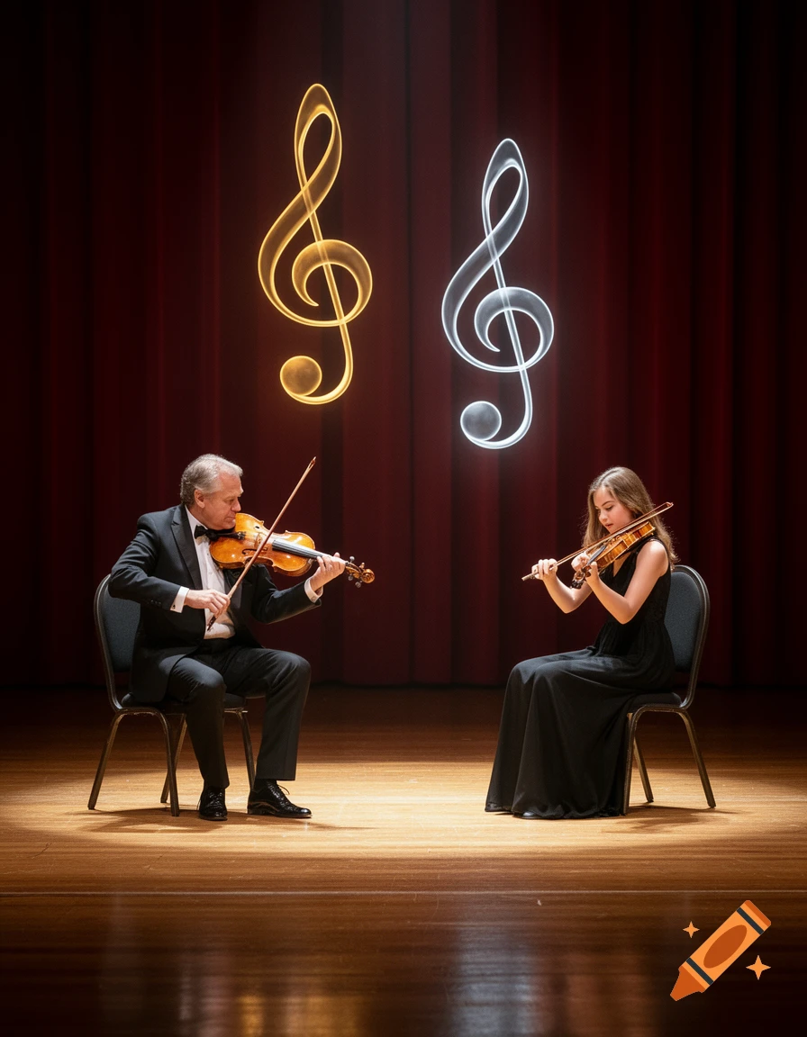 A man and a woman play violins on a stage, spotlit beneath glowing golden and silver treble clef musical symbols against a red curtain.