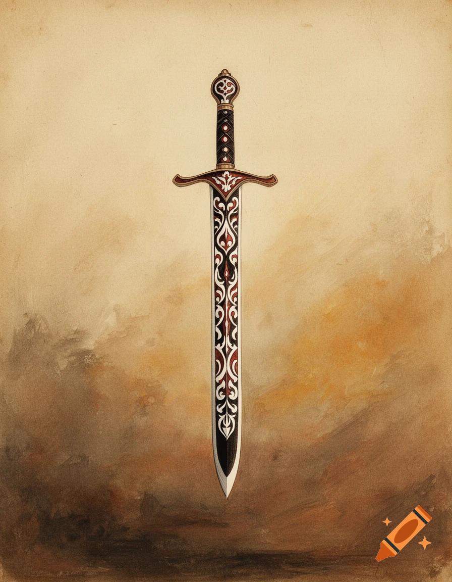 Rustic Sword Read A decorative sword with white, black, and reddish-brown patterns on its ...