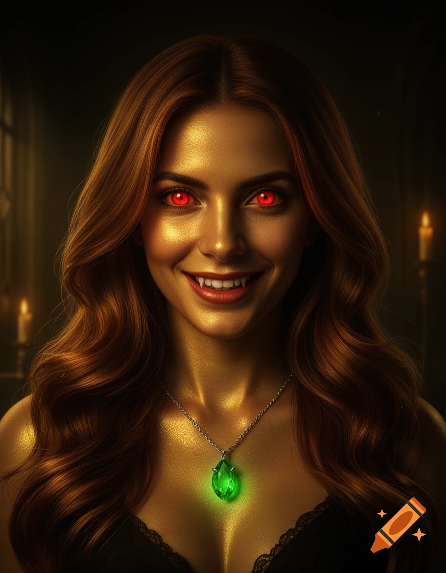 A woman with golden skin, wavy brown hair, glowing red eyes, and vampire fangs smiles, wearing a silver necklace with a luminous green gemstone.