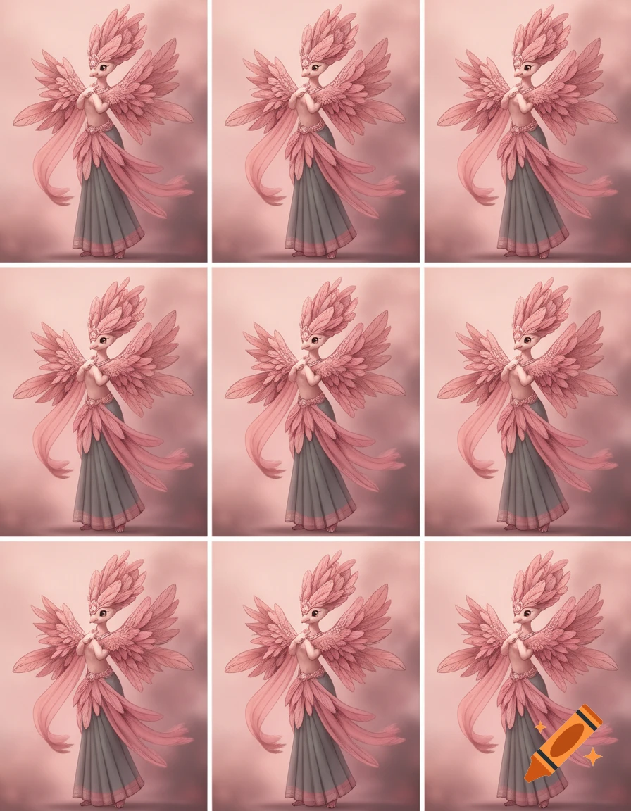 A 3x3 grid of nine identical stylized bird-like humanoid figures in rose-pink and gray, adorned with feathery wings and headpiece, in a graceful dance pose.