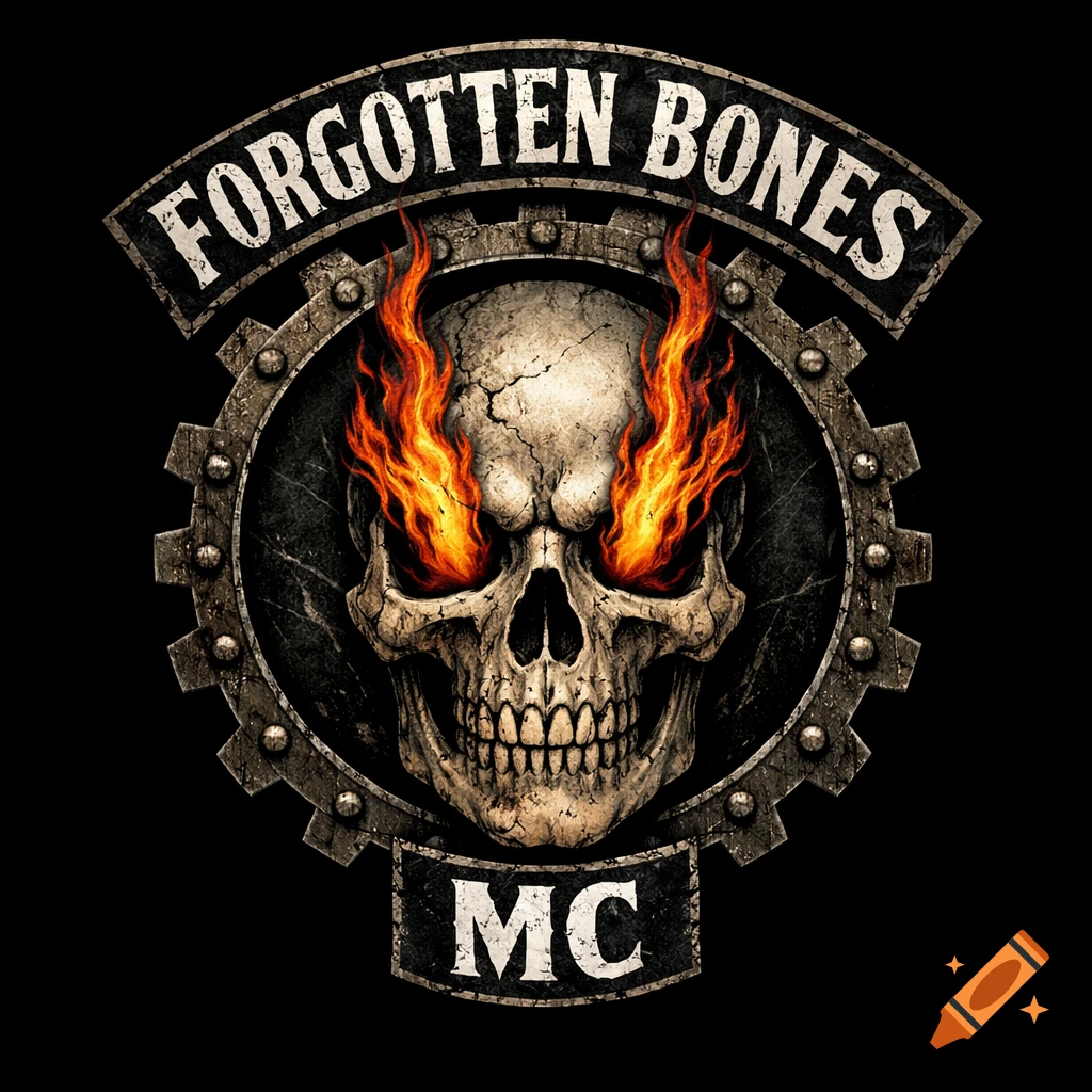 A dark, stylized logo features a cracked skull with fiery eyes, set within a metal gear, with 'FORGOTTEN BONES' above and 'MC' below.