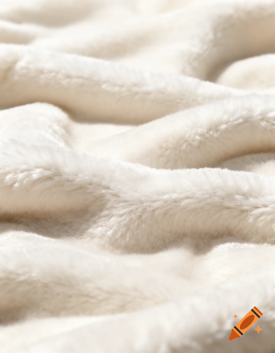 Close-up of a luxurious white plush fabric, showing soft folds and fluffy fibers under studio lighting.
