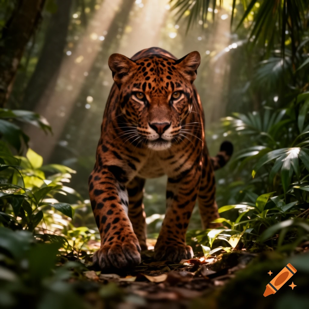 A majestic jaguar with spotted fur walks directly forward through a lush, sun-dappled jungle.