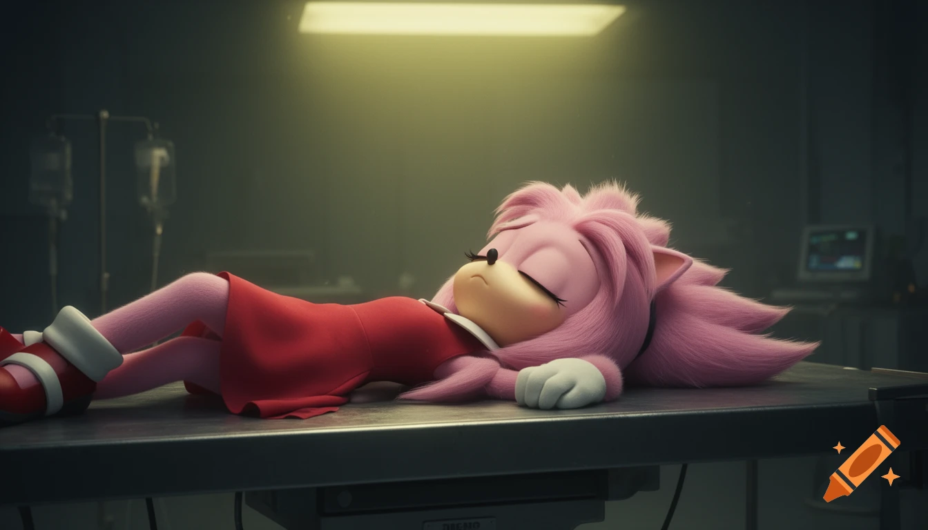 Amy Rose from Sonic the Hedgehog lies with closed eyes on an autopsy table in a dimly lit, sterile room, appearing deceased.