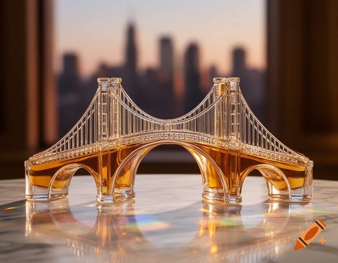 A glass perfume bottle shaped like a suspension bridge, filled with amber liquid, reflects on a marble table with a city skyline backdrop.