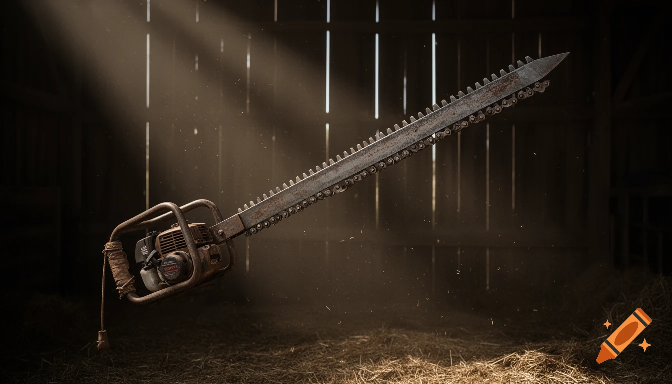 An ultra-realistic, highly detailed horror weapon called the "Double-Edge Beast" in a dimly lit barn with dust motes in cinematic lighting.