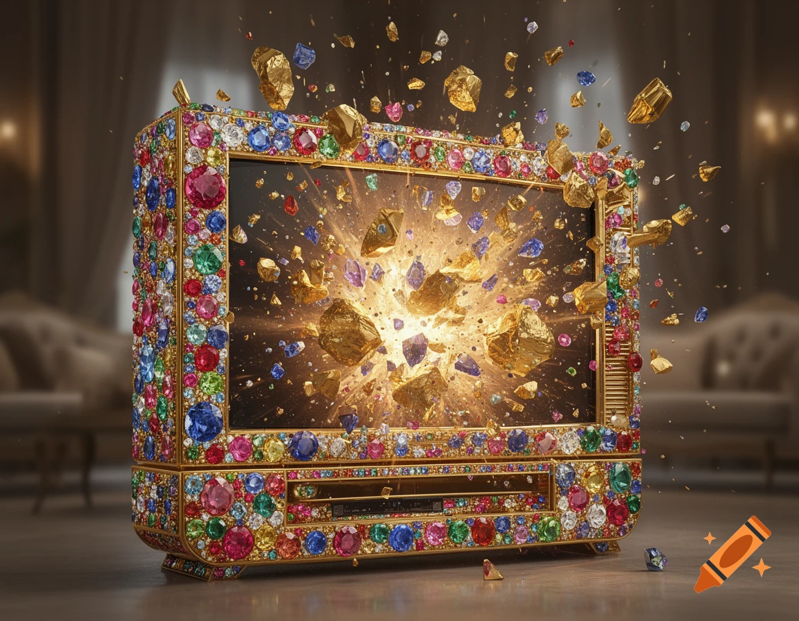 A jeweled gold television explodes, scattering colorful gems and gold nuggets in a photorealistic style.