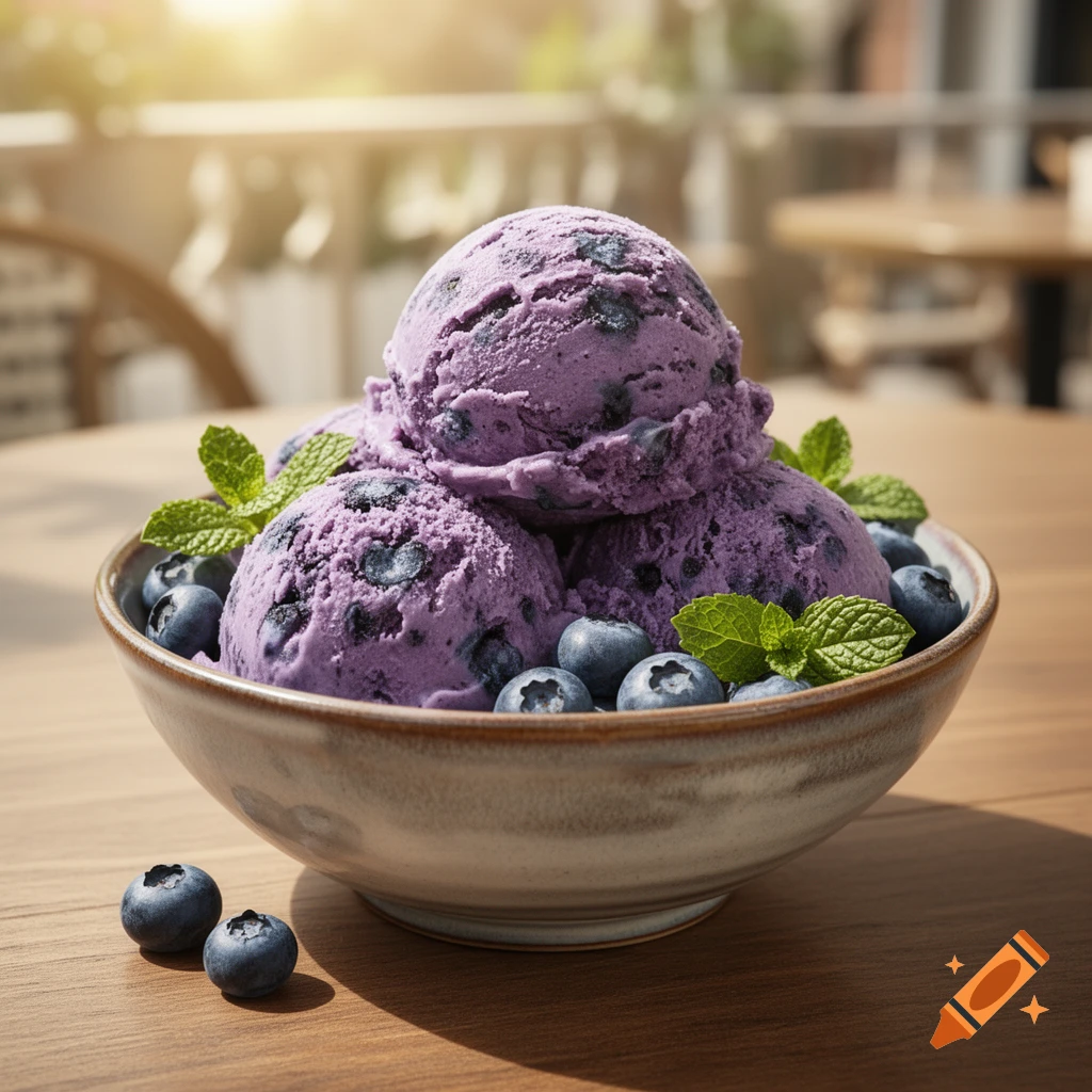 A close-up of a bowl filled with scoops of purple blueberry ice cream, garnished with fresh blueberries and mint leaves, on a wooden table outdoors.