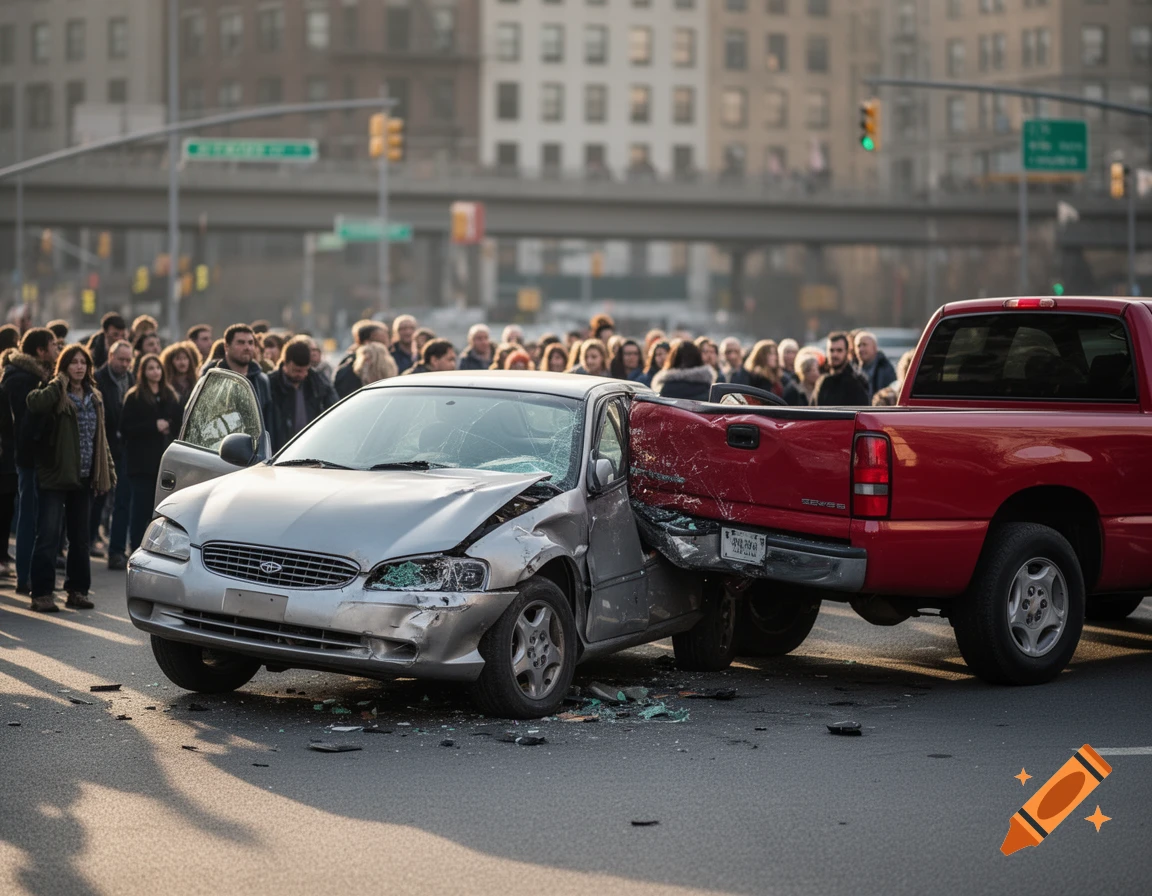 A silver car and a red pickup truck are involved in a rear-end collision on a city street, with onlookers gathered.