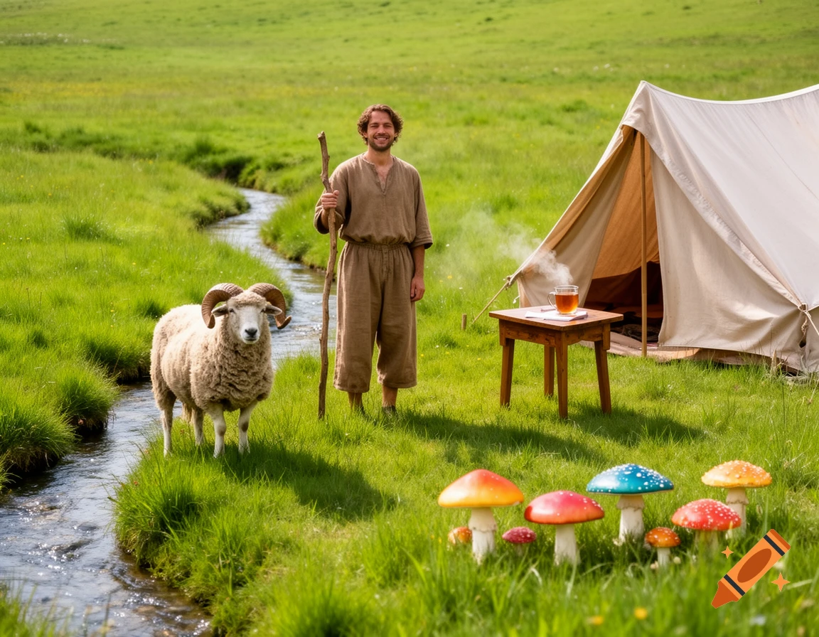 A smiling shepherd holding a staff stands beside a ram and a stream in a lush green field. A tent, a table with tea, and colorful mushrooms are nearby.