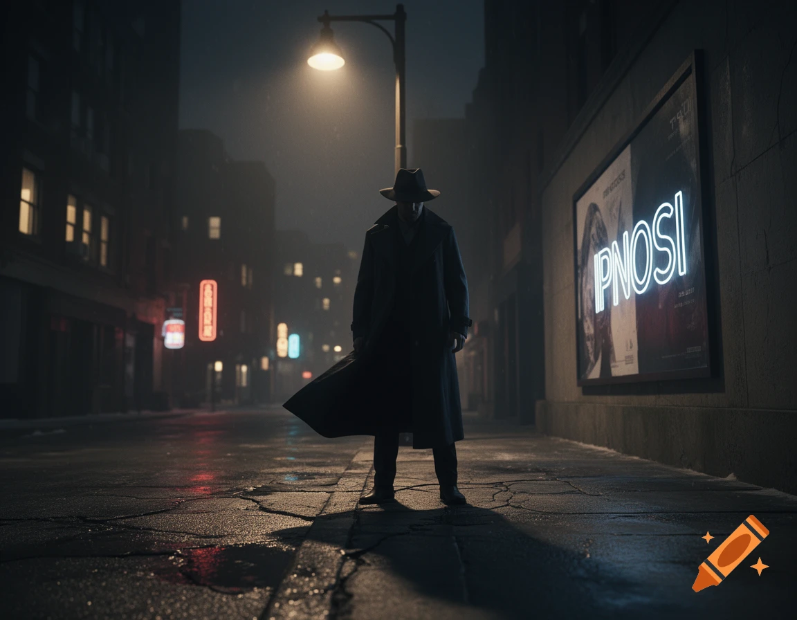 A man in a trench coat and fedora stands under a streetlamp on a wet city street at night, with a neon 'IPNOSI' sign.