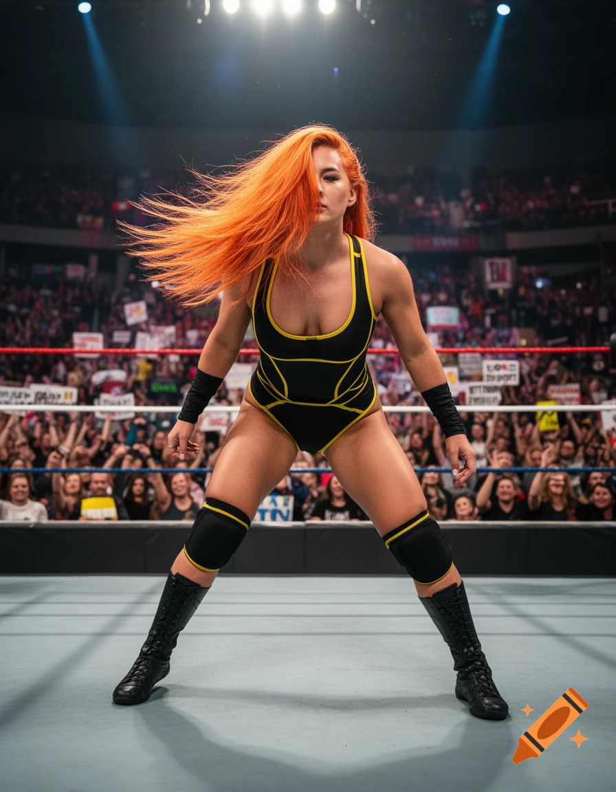 A female pro wrestler with vibrant orange hair in a black and yellow bodysuit stands confidently on a wrestling mat in a crowded arena.