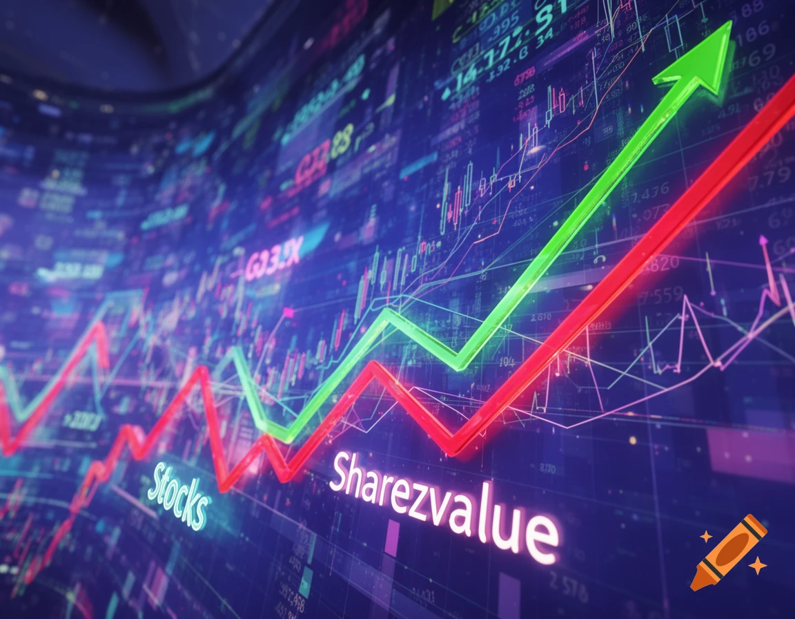 A vibrant digital stock market chart with glowing green and red trend lines, displaying 'Stocks' and 'Sharezvalue' text on a blue data background.