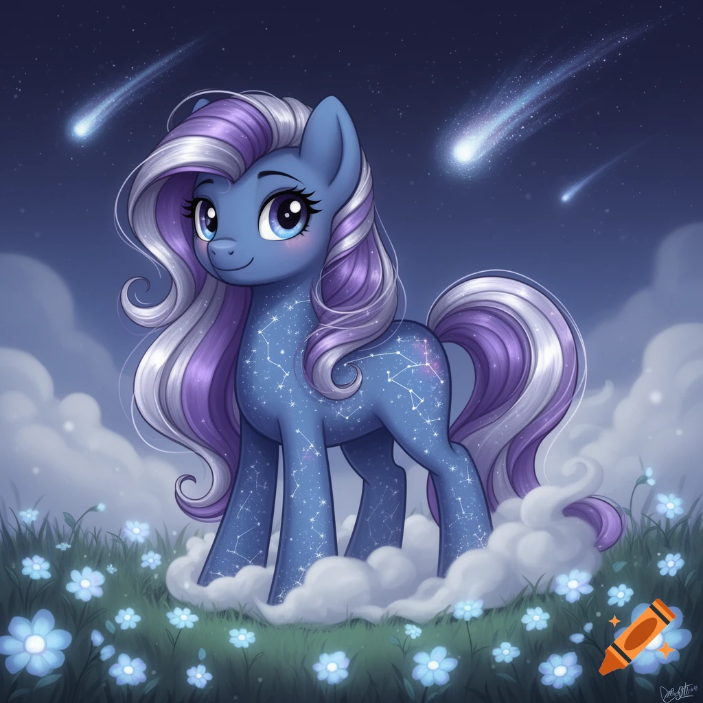 A stylized blue pony with starry constellations, purple and white mane, stands among glowing blue flowers under a dark starry sky with shooting stars.