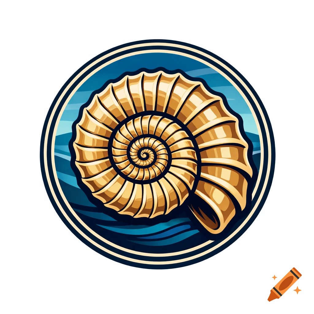 Vector illustration logo of a golden spiral ammonite fossil against a blue wavy background.