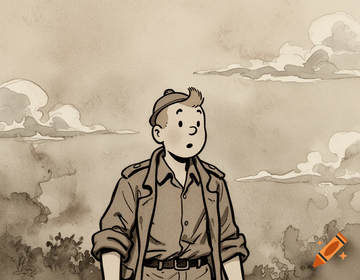 A sepia-toned watercolor illustration of a Tintin-like character in a coat and hat, looking surprised under cloudy skies.