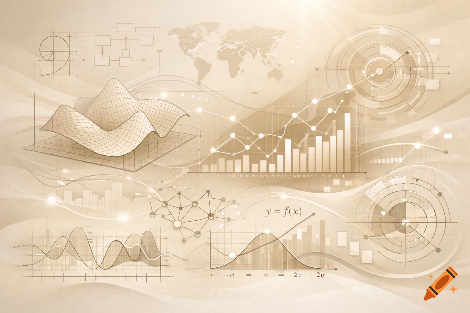 A beige-toned background filled with various data visualizations including bar graphs, line graphs, 3D surface plots, and mathematical equations.