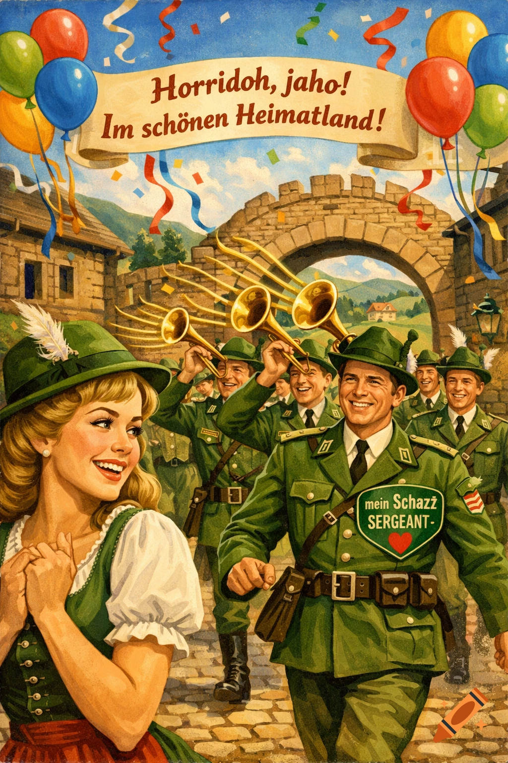 Vintage illustration of a joyous parade with people in traditional uniforms, a woman in a dirndl, balloons, and an archway, under a banner.