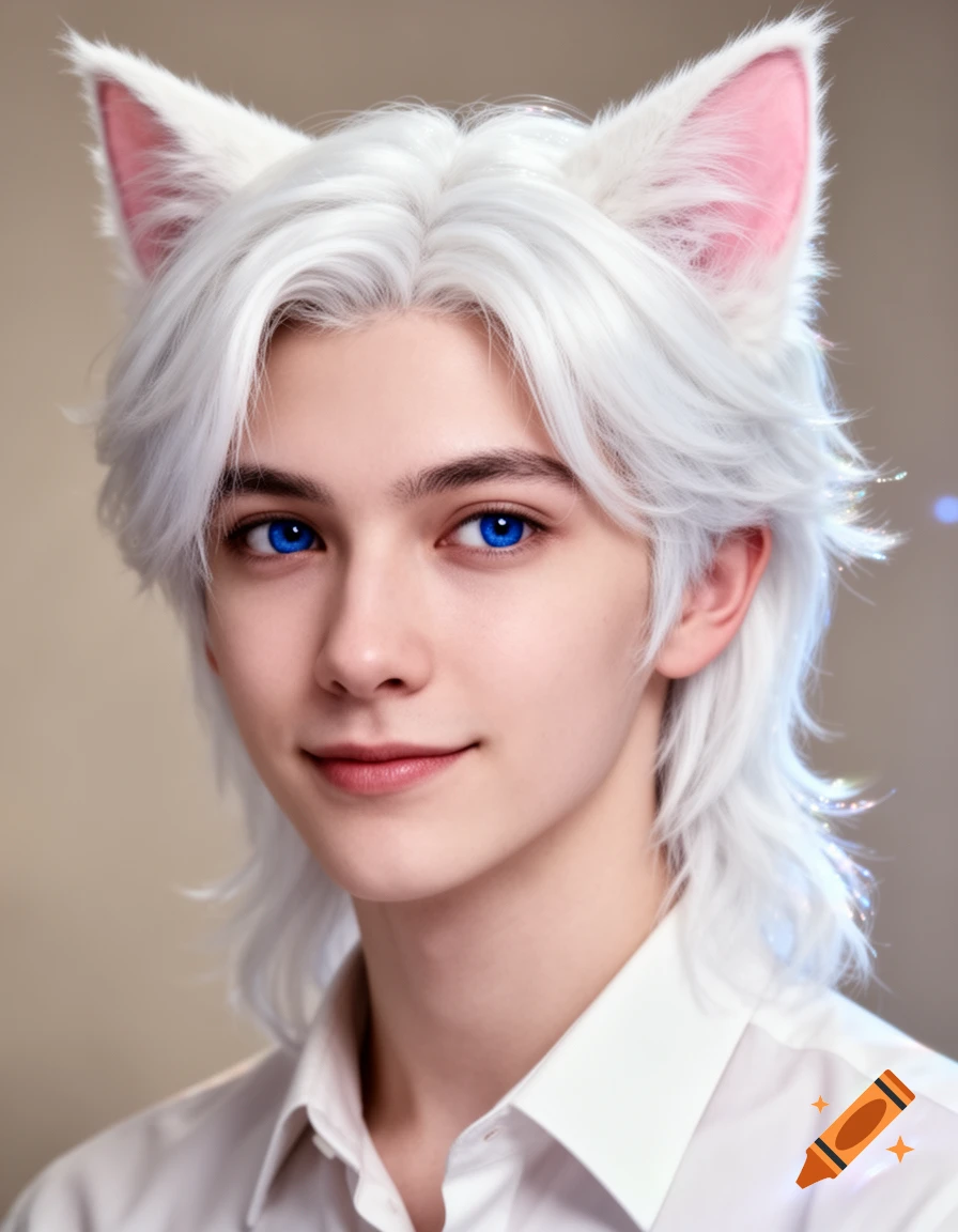 A close-up portrait of a young man with white hair, bright blue eyes, and white and pink cat ears, wearing a white shirt.