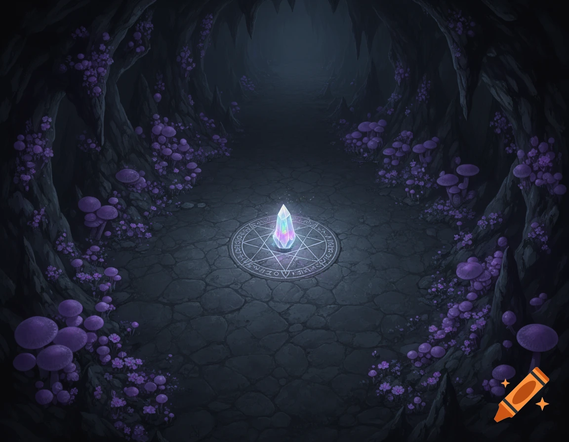 A dark fantasy cave with glowing purple mushrooms, a central ritual circle, and a radiant, multi-colored crystal.