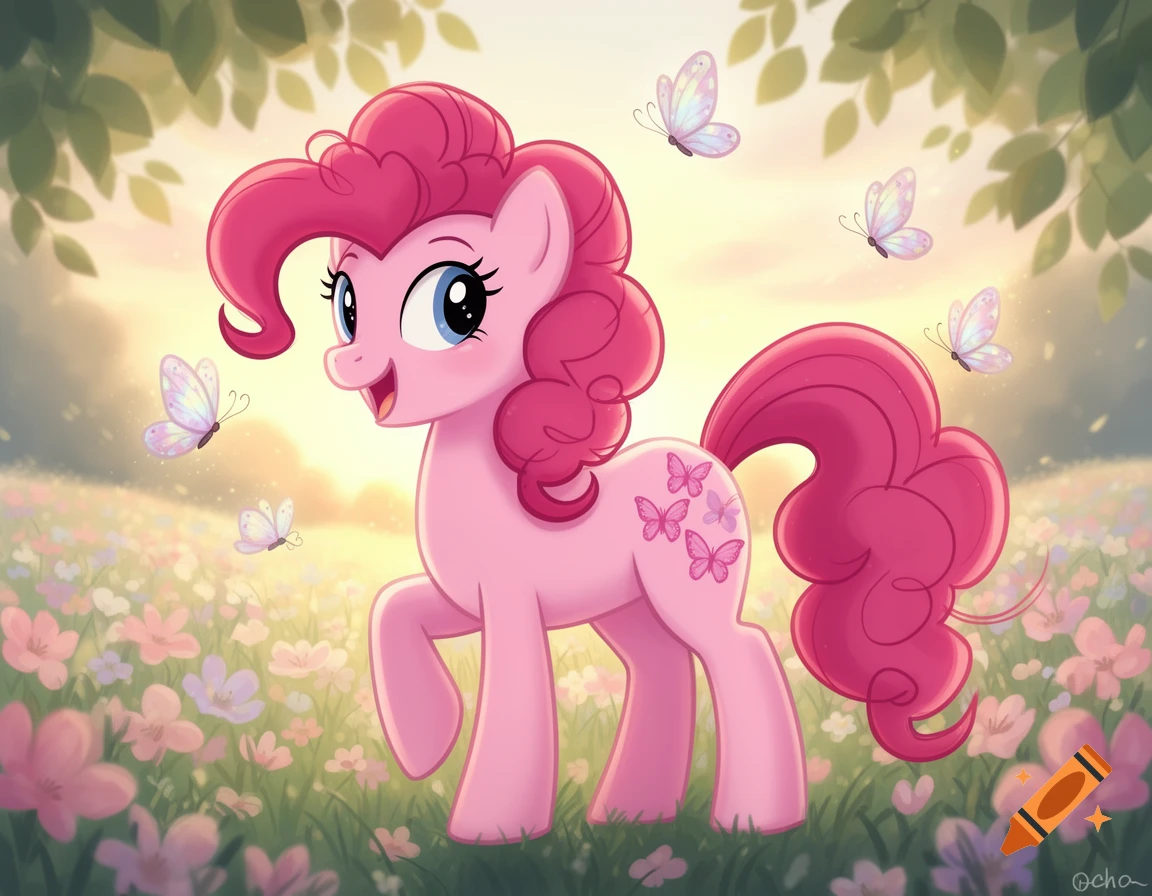 Pinkie Pie, a pink cartoon pony with a curly mane and three butterfly cutie marks, smiles in a sunny flower field with butterflies.