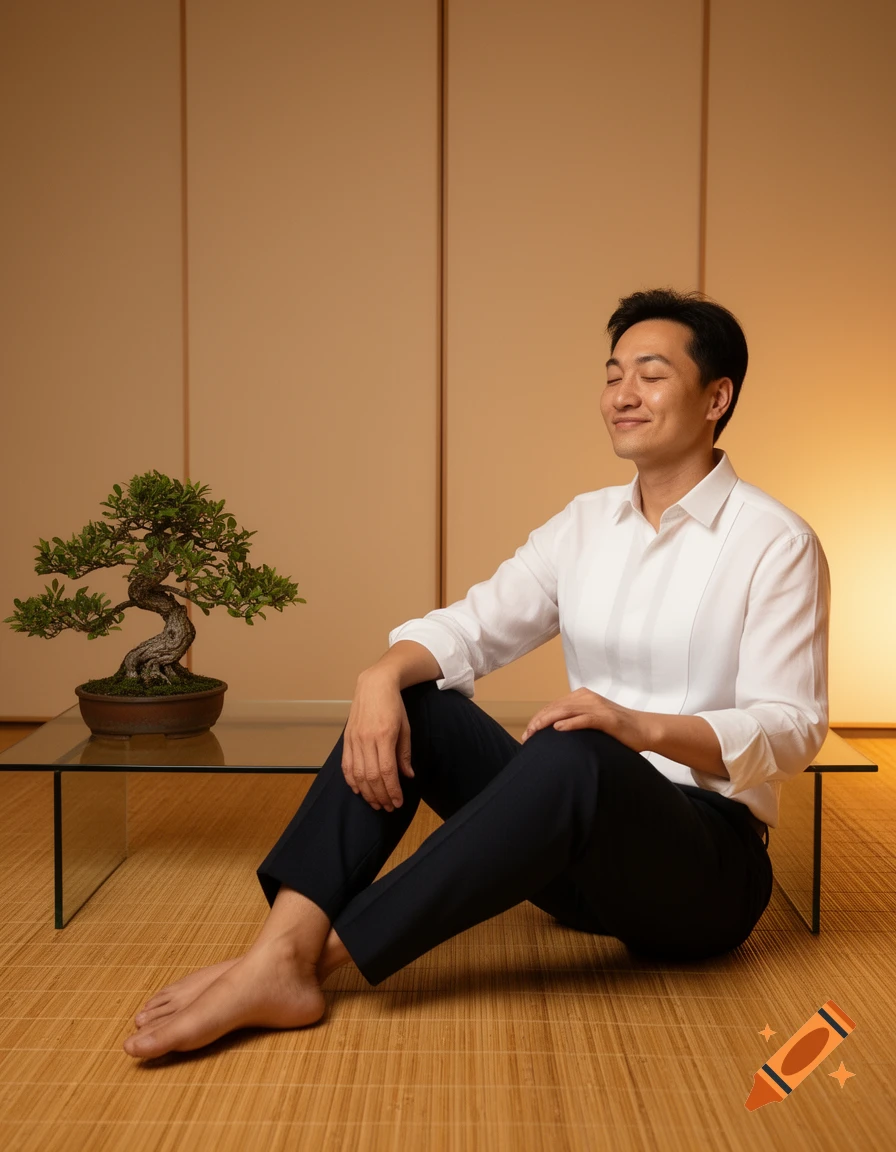 A man sits barefoot on a woven mat, eyes closed in serene meditation, next to a bonsai tree and a glass table in a tranquil, warm-lit room.