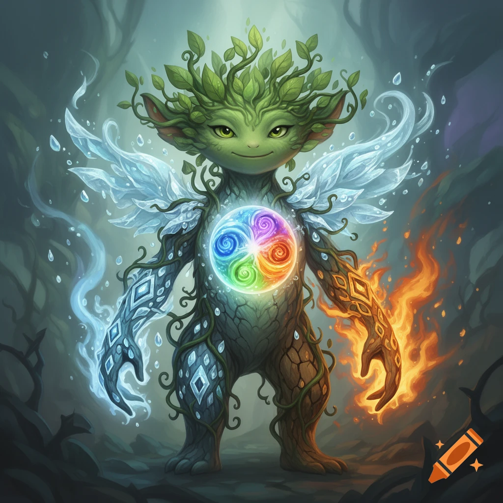 A whimsical, tree-like elemental creature with a body of bark and vines, green leaves for hair, and glowing ice wings. It has a rainbow six-element orb in its chest, with its left arm covered in ice patterns and its right arm engulfed in fire.