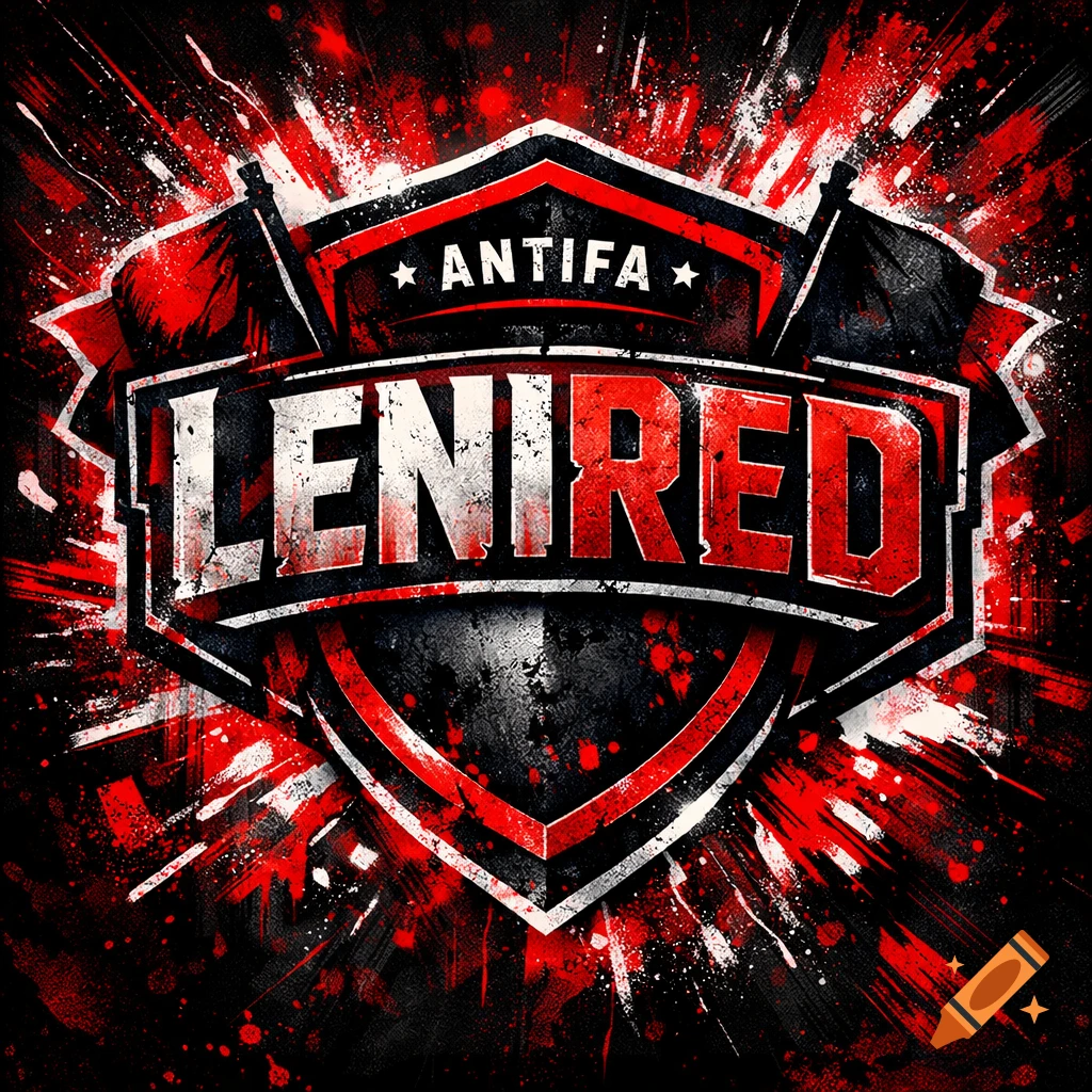 A red and black gaming logo featuring a shield design with splattered paint effects. Text reads "ANTIFA" and "LENIRED".