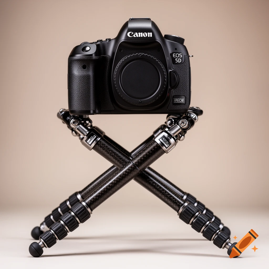 A black Canon DSLR camera sits atop two carbon fiber tripods crossed in an X shape against a beige background.