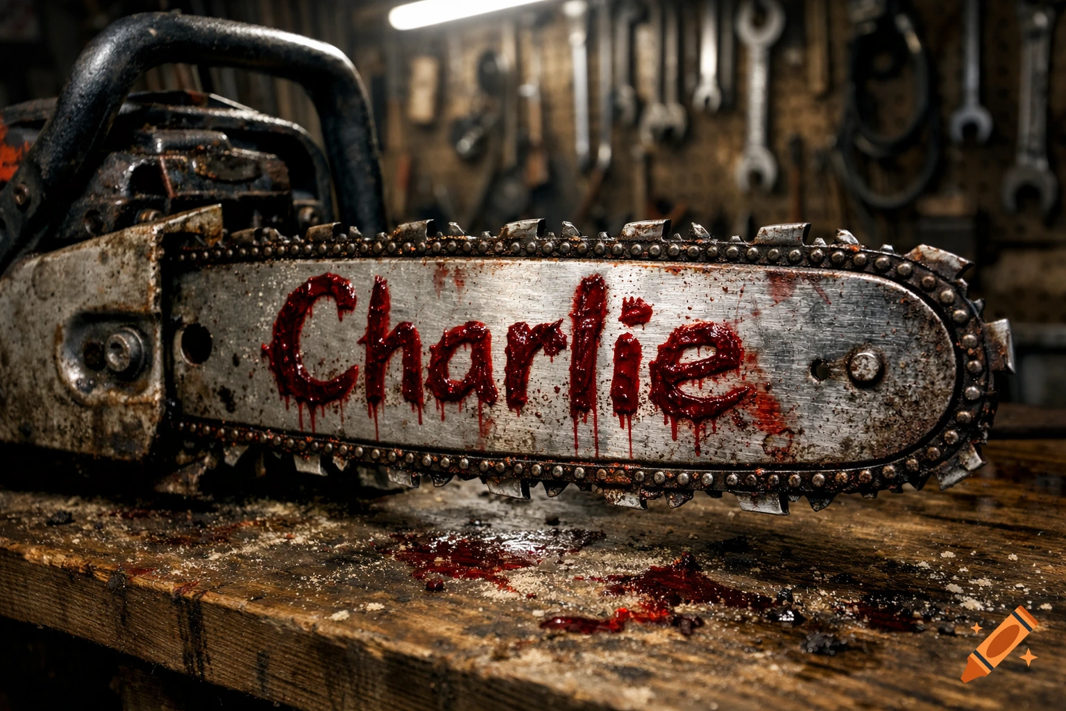 A rusty chainsaw with 'Charlie' written in dripping red on the blade, resting on a blood-splattered workbench in a dimly lit workshop.
