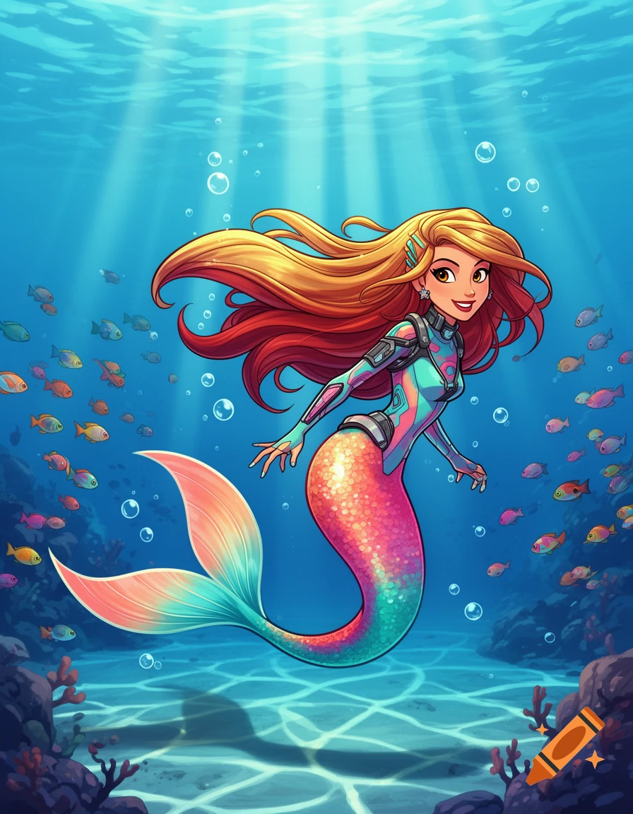 Vibrant cartoon mermaid with long blonde-red hair and a pink-teal tail swims underwater among colorful fish and coral.