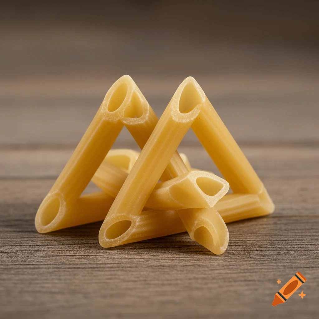 Close-up of penne pasta pieces arranged in interlocking triangular shapes on a wooden surface.