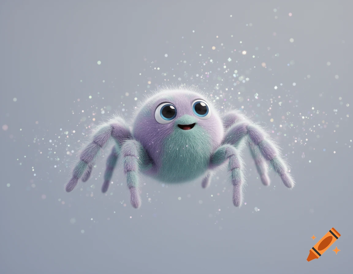 A fluffy, whimsical spider with pastel purple and teal fur, large blue eyes, and a smile, floating amidst glitter on a light gray background.