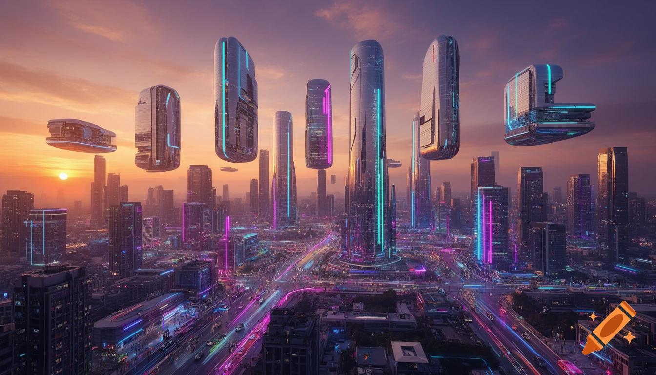 A vibrant futuristic cityscape with glowing neon lights on buildings ...