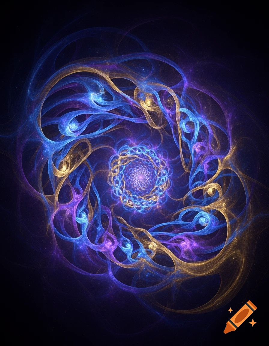 A vibrant abstract fractal pattern in shades of blue, purple, and gold swirls inwards from a dark background.