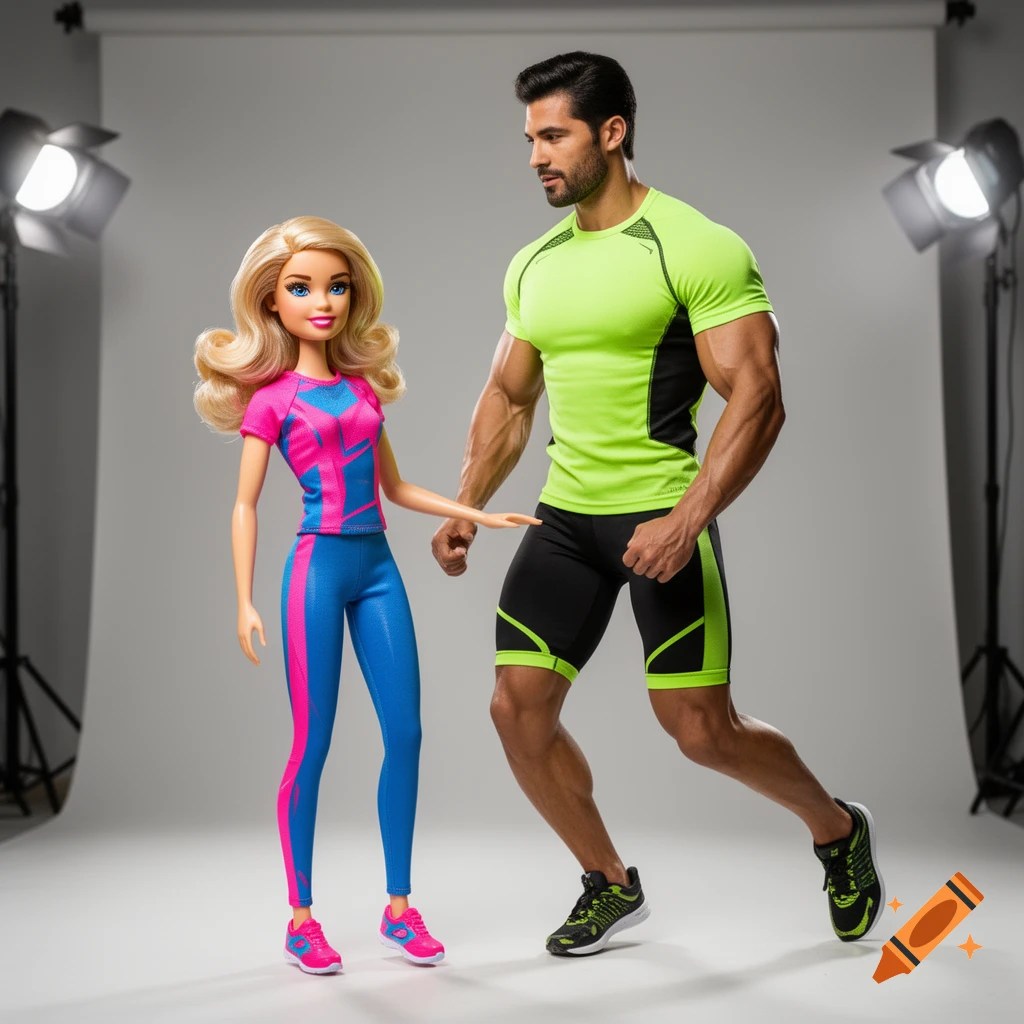 A Barbie-style doll in pink and blue sportswear stands next to a muscular man in a neon green and black athletic outfit in a photo studio.