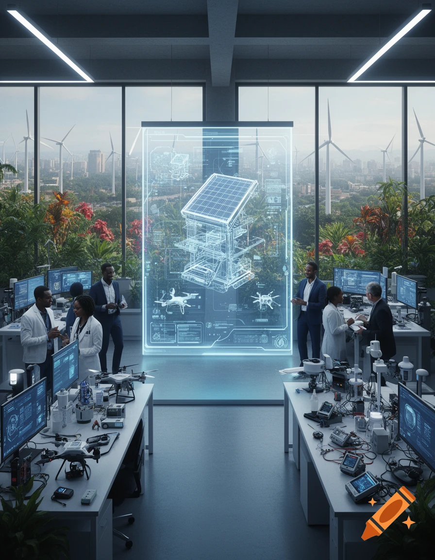 Scientists and engineers work in a modern lab with large windows overlooking a city with wind turbines and lush greenery. A holographic display shows a solar-powered structure design.