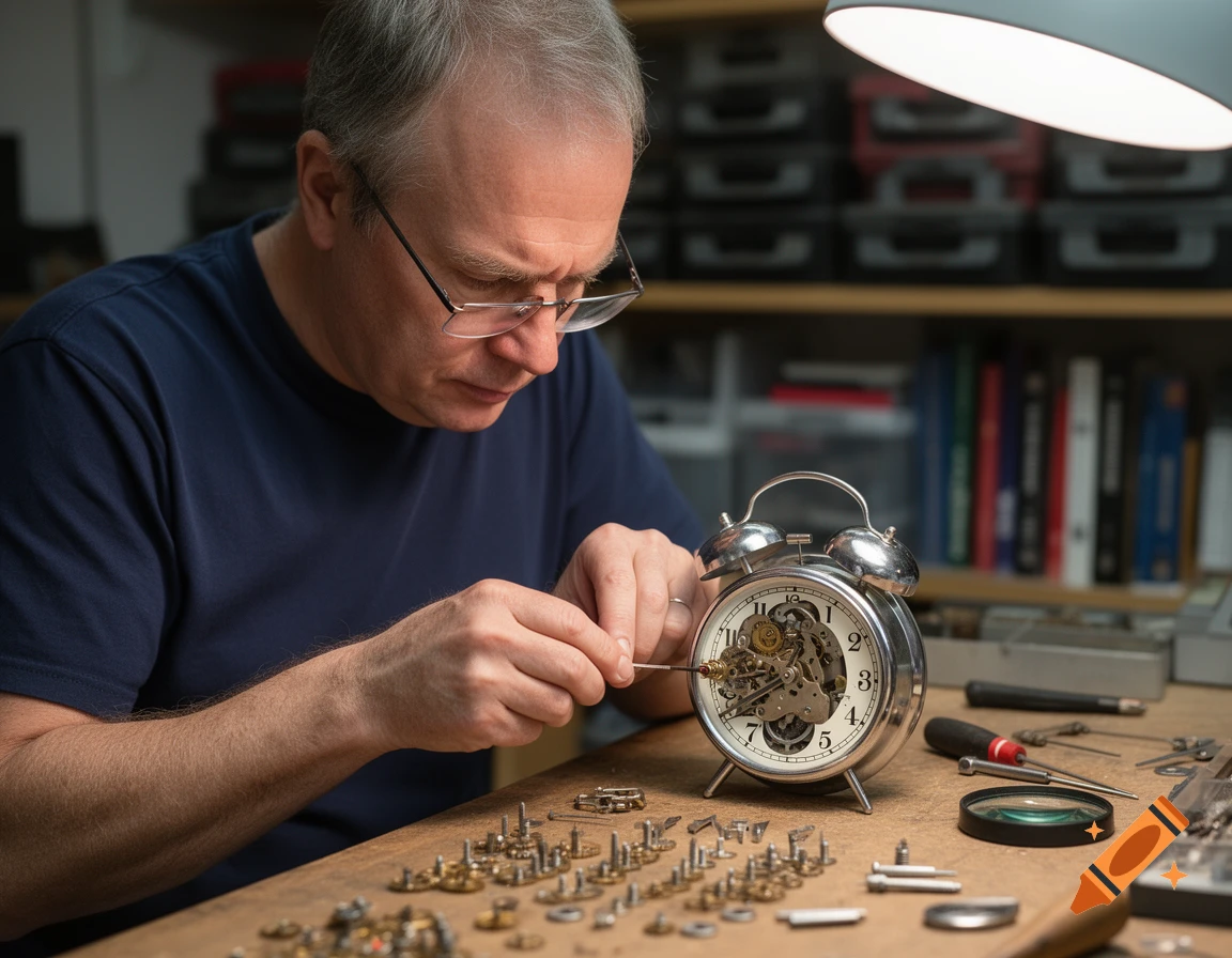 A man with glasses meticulously repairs an antique alarm clock, surrounded by watchmaking tools and tiny gears on a wooden workbench under a lamp.