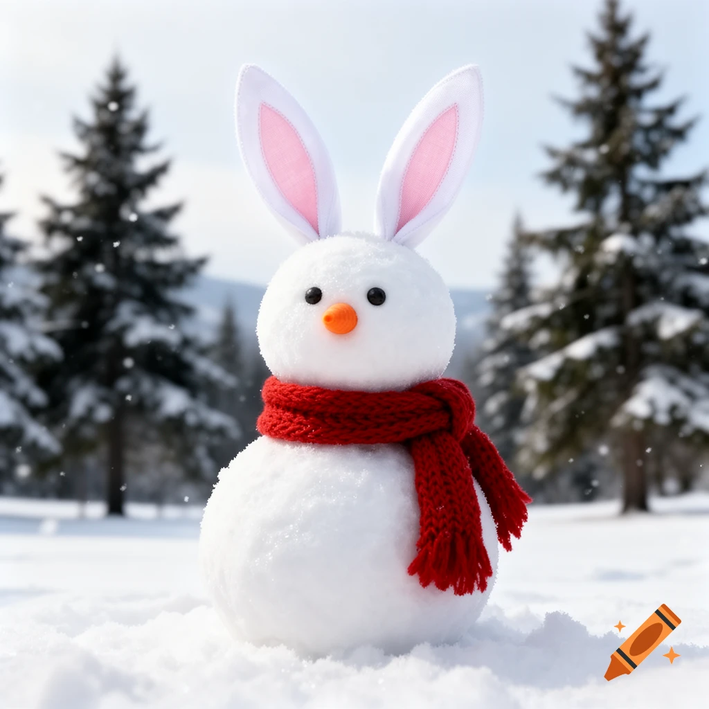 A cute snowman with white bunny ears and a red knitted scarf stands in a snowy winter landscape with pine trees in the background.