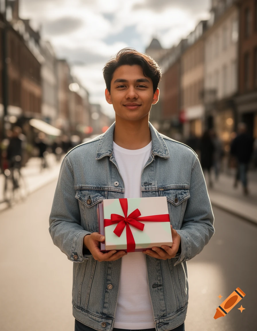 A smiling young man in a denim jacket and white t-shirt holds a light green gift box with a red ribbon, standing on a sunny city street.
