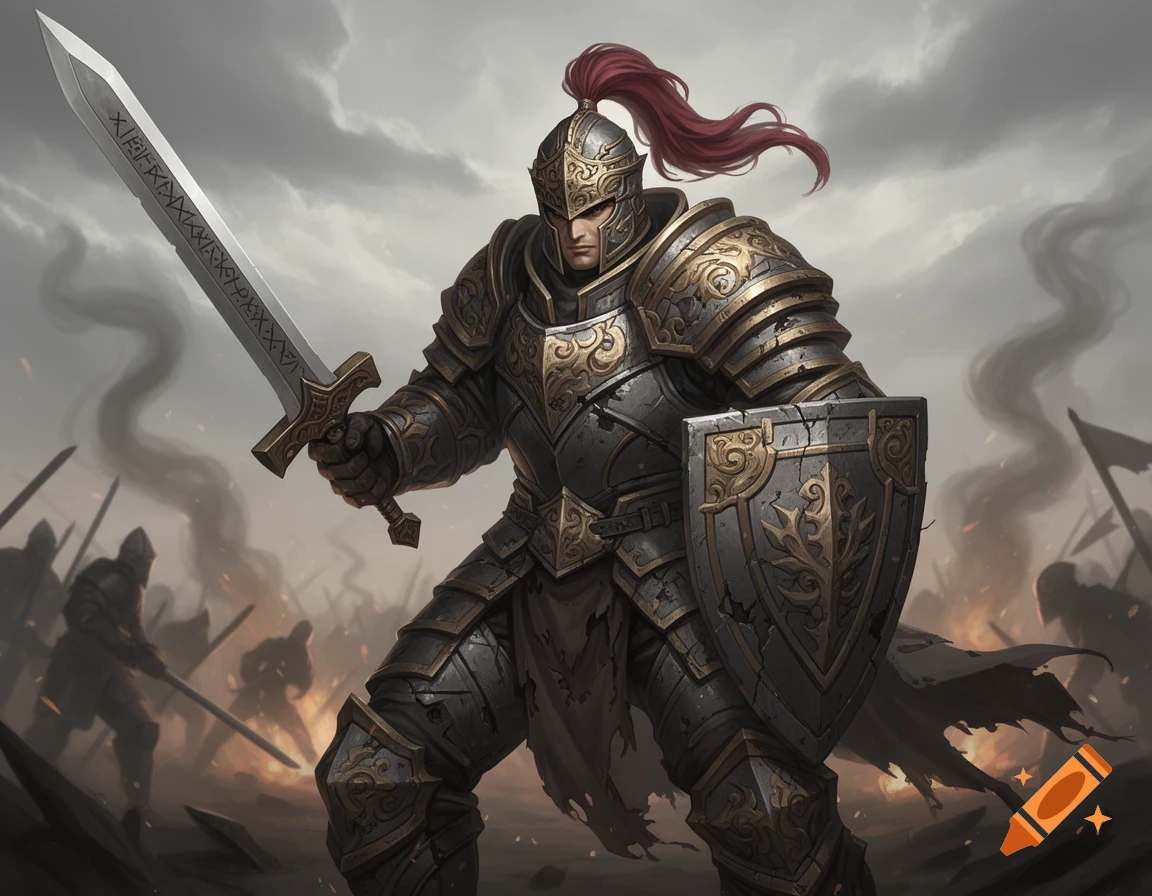 A heavily armored knight with a large sword etched with runes and a shield stands ready for battle on a smoky field.
