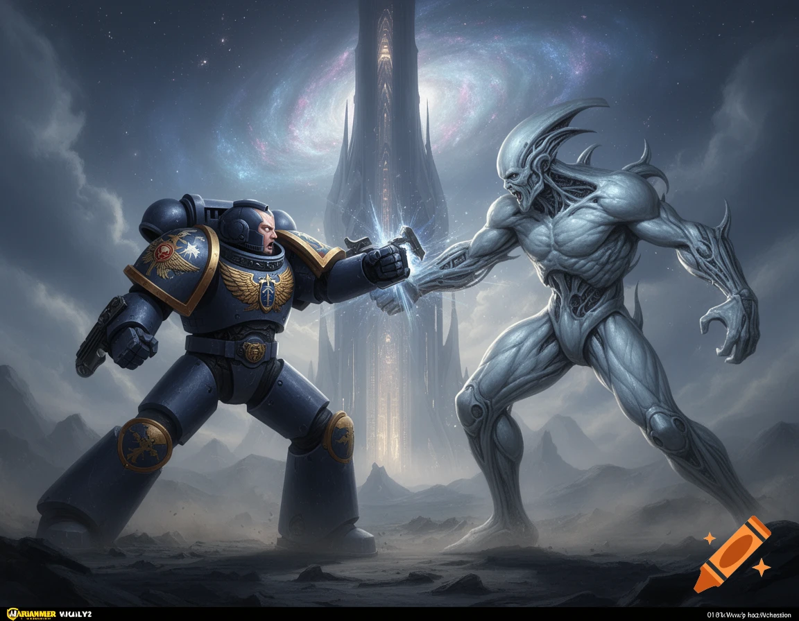 A Warhammer Space Marine battles a Prometheus Engineer alien on a desolate planet under a galactic sky, energy crackling between their fists.