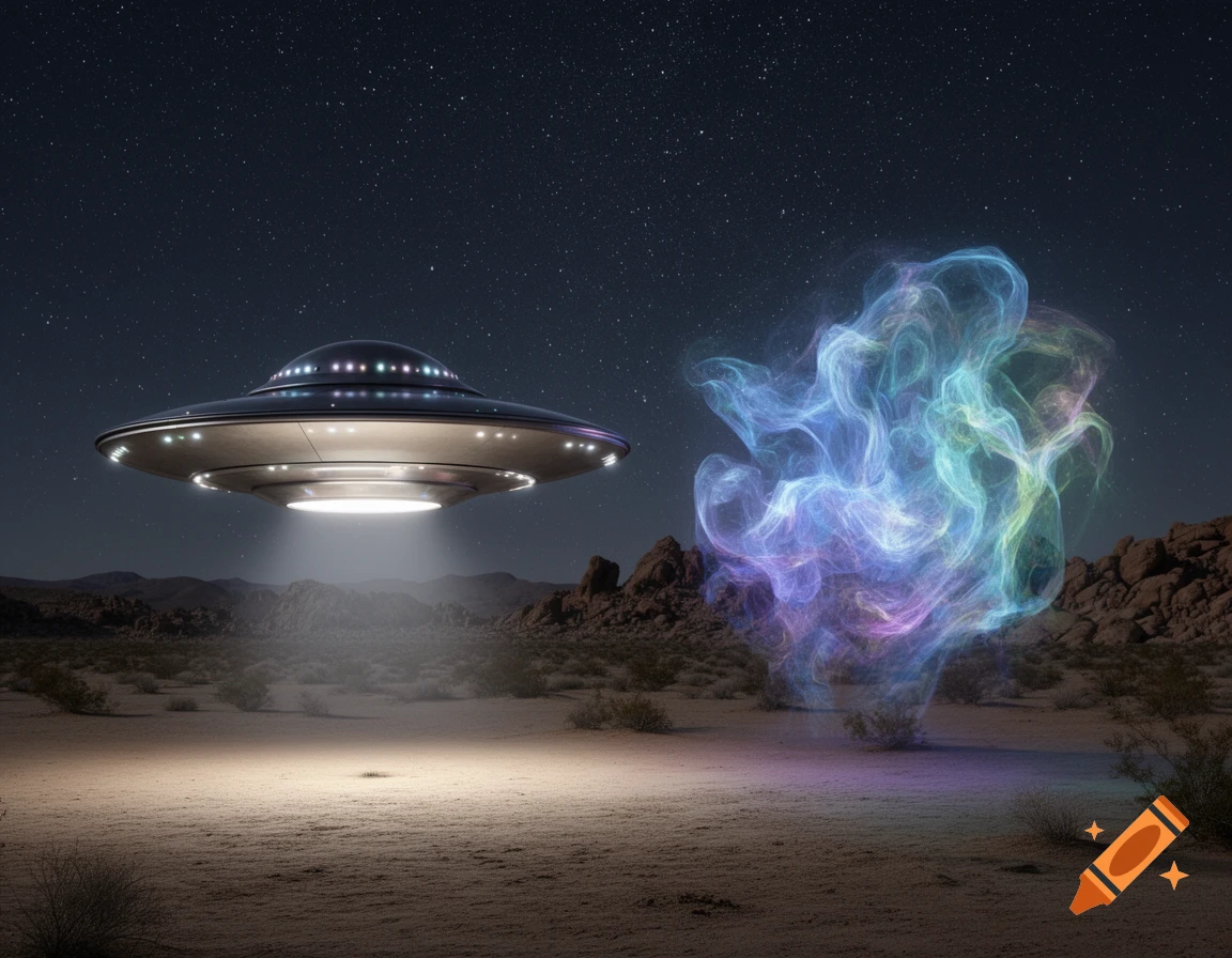 Photorealistic UFO hovers over a desert at night, illuminating the ground next to a glowing, colorful ethereal mass under a starry sky.
