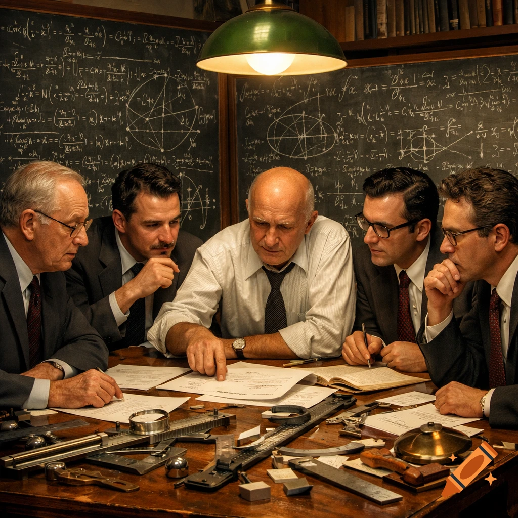 Five male scientists in suits discuss papers at a table with tools, under a lamp, with a chalkboard full of formulas.