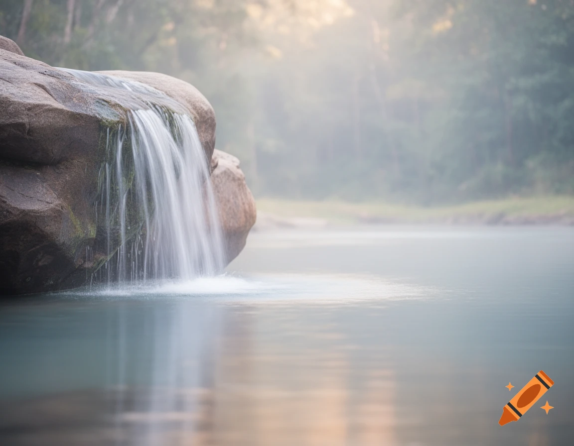 A small waterfall cascades over a large rock into a calm body of water, with a soft, misty forest in the background.
